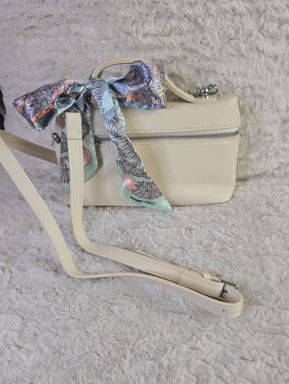 Cream Crossbody Bag with Decorative Scarf